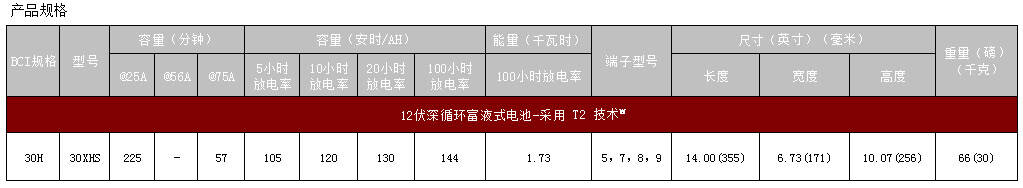 邱健30XHS蓄电池规格说明