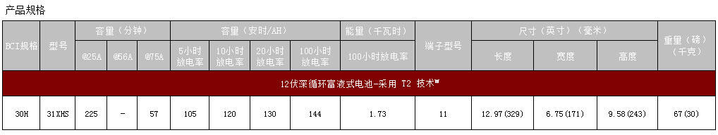 邱健31XHS蓄电池规格说明