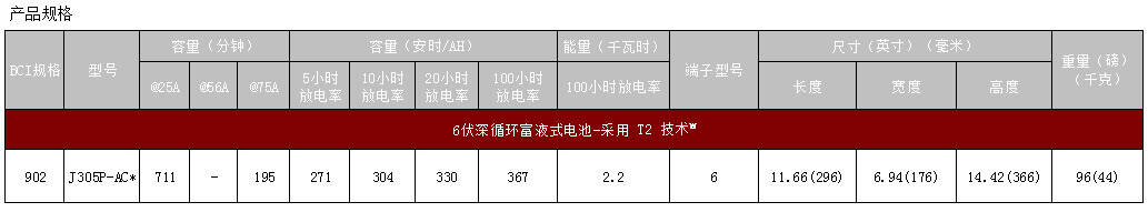 邱健J305P-AC蓄电池规格说明